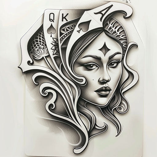 Detailed drawing of a queen of spades tattoo