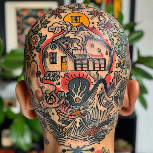 Head tattoos with whimsical themes, in the style of Steve Sack