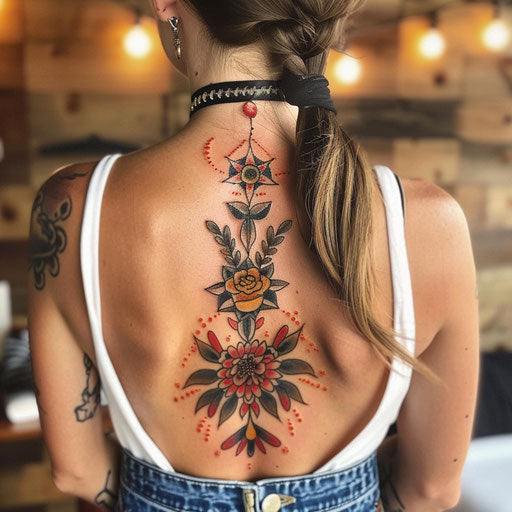 Traditional Americana spine tattoo for women in the style of Sailor Jerry