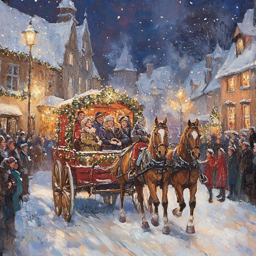 Vibrant Christmas parade with horses pulling a brightly decorated wagon through the town square, spectators cheering warmly