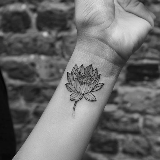 Tiny wrist tattoos of a lotus flower, in the style of Maria Sibylla Merian
