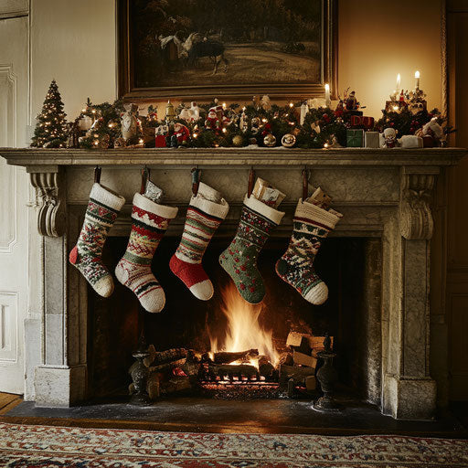 Christmas socks filled with gifts by the cozy fireplace