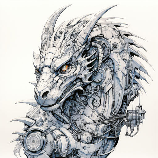 Dragon drawing, robotic kids style, clean sharp inking