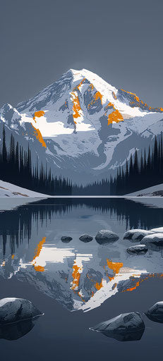 Vector art of Mount Rainier from the base with snow on top, surrounded by forest and rocks, clear blue sky.