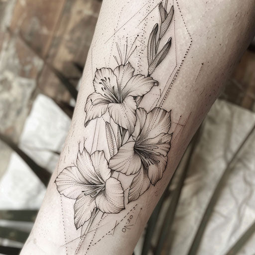 Dotwork gladiolus tattoo on white paper