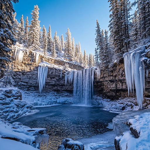 Frozen waterfall surrounded by snow-dusted pines under clear blue sky