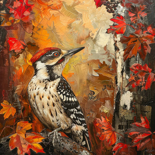 Autumn scene of a woodpecker with red and orange leaves