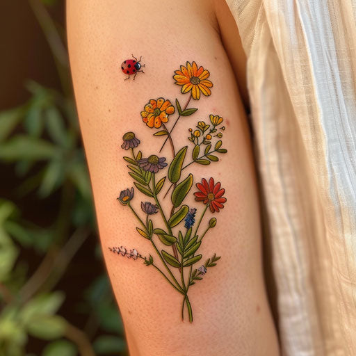 Wildflower tattoo with ladybug, vibrant flowers