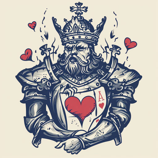 King of hearts in armor and heraldic crests, medieval tattoo style
