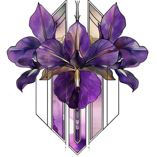 Violet flower tattoo with symmetrical lines on white background