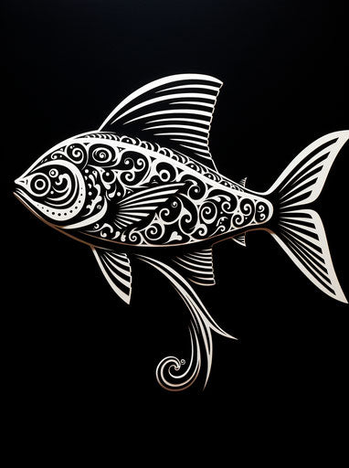 Black and white tribal fish motif, fluid gestures style