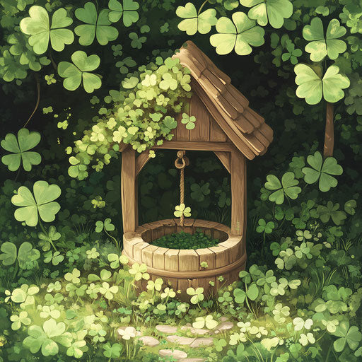 Wooden well surrounded by green clovers for St. Patrick's Day