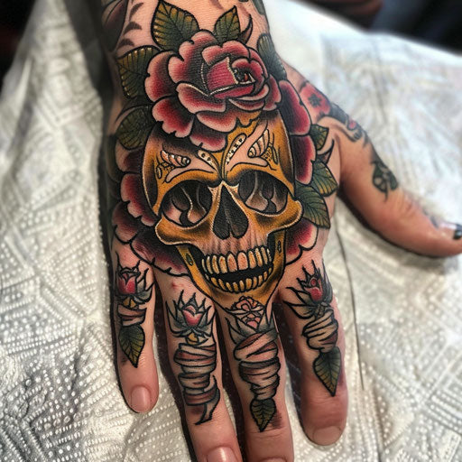 Skull hand tattoo Ed Hardy style with traditional roses