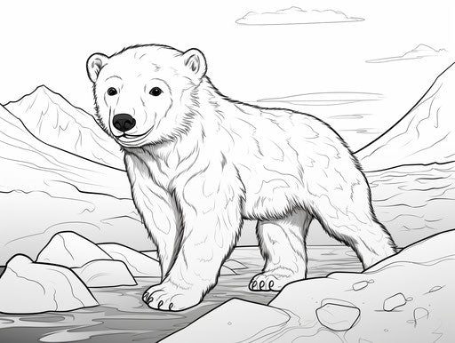 Coloring page of baby polar bear in comic art style