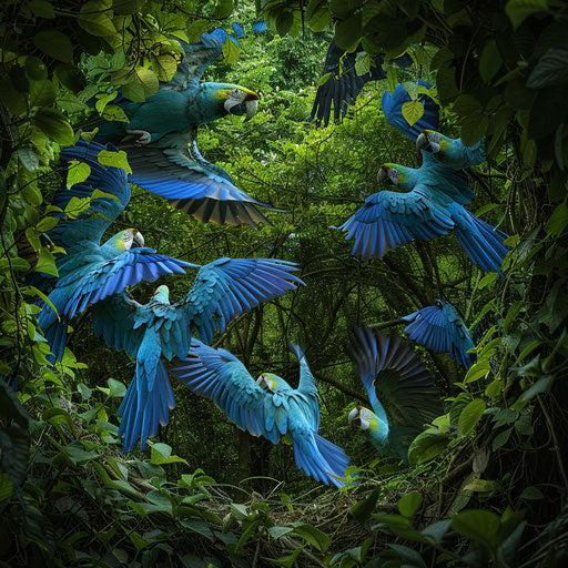 Dynamic scene of a Spix's macaw leading its flock through a gap in the forest canopy