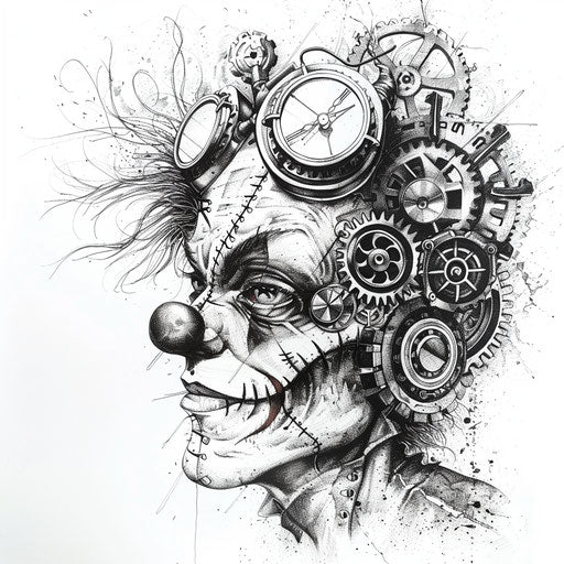 Steampunk clown tattoo with metallic gears