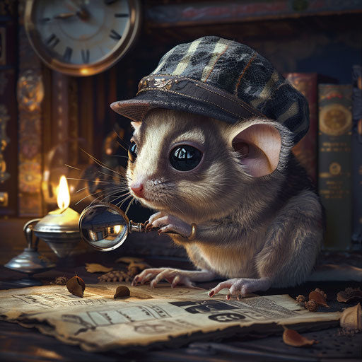 A sugar glider in detective hat, solving a mystery with magnifying glass