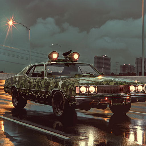 1976 Malibu Classic in military theme, camouflage paint and mounted lights, in convoy