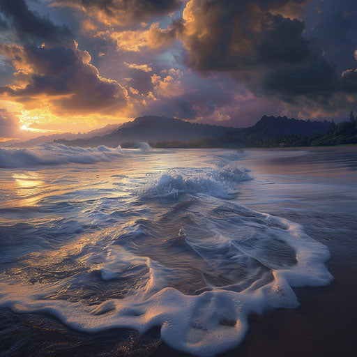 Moody sunset at Hanalei Bay Beach, Kauai