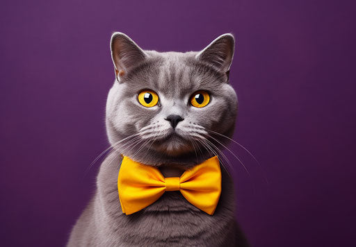 Grey cat with bow tie on yellow background, dark orange and gold