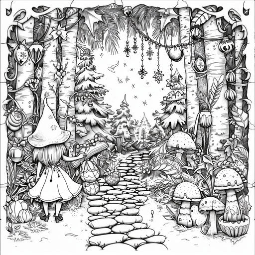 Enchanting Christmas forest with fairies in the style of Johanna Basford