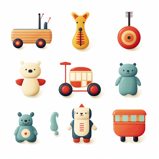 Minimalist-style toys clipart on white background