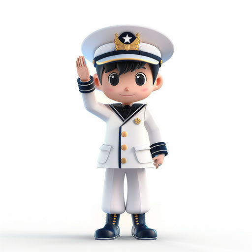 Animated Japanese navy officer in white and blue uniform saluting
