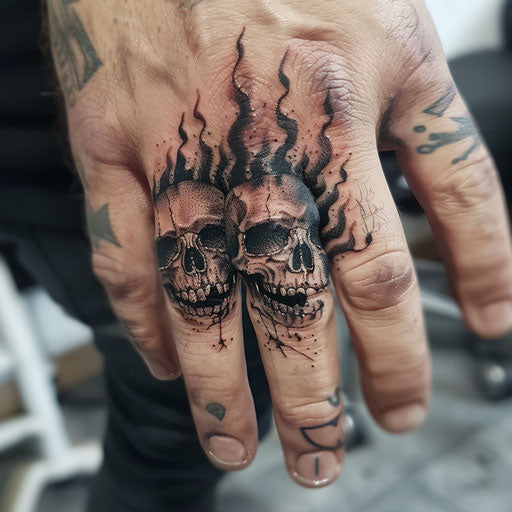 Finger tattoo with gothic skulls and flames