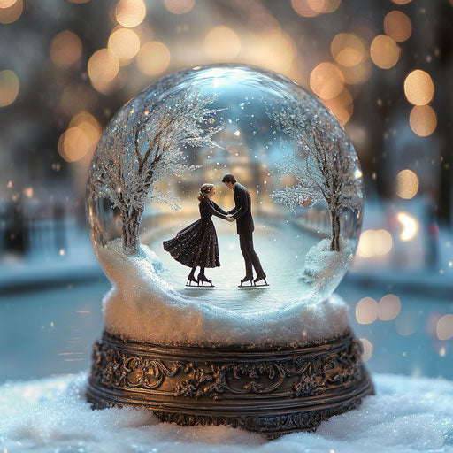 Skaters on frozen pond in romantic snow globe
