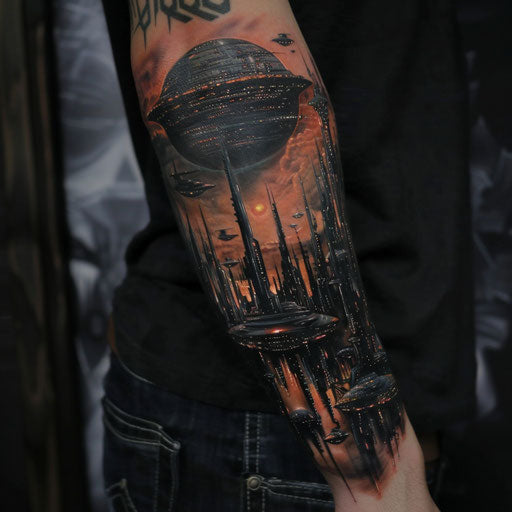 Forearm tattoo with futuristic cityscape