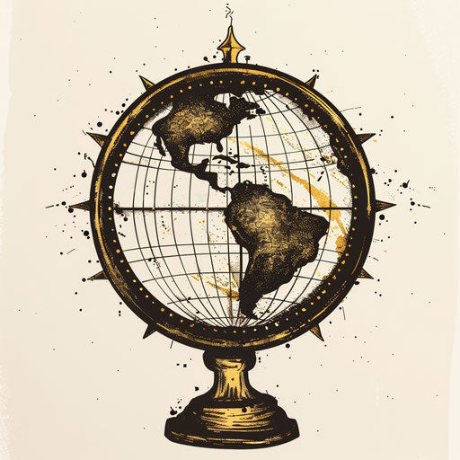 Elegant flat tattoo sketch of a globe with golden longitude and latitude lines, clipart style