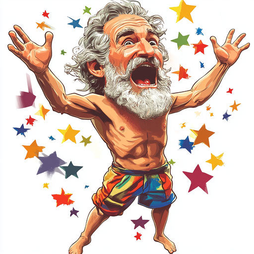 Humorous caricature of a Giuseppe Verdi clipart with human characteristics, exaggerated open mouth, muscular arms, surrounded by stars, vibrant colors, cartoon style, surprised, high resolution, no background, isolated