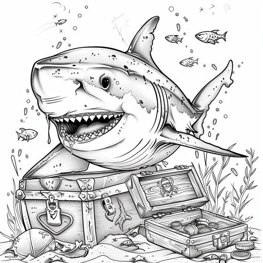 Shark with pirate hat and treasure chest