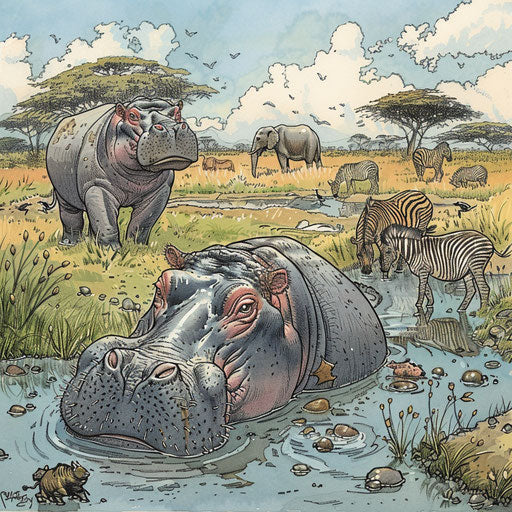 Hippo interacting with African wildlife