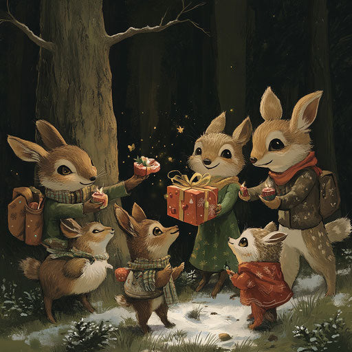 Woodland creatures exchanging gifts, hilariously misunderstanding