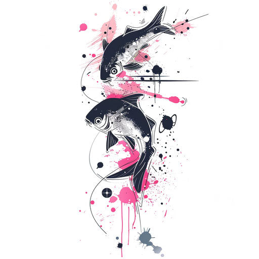 Flat tattoo sketch of the Pisces constellation with dynamic strokes and a splash of pink