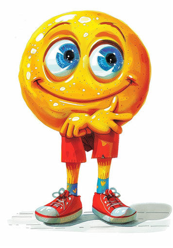 Yellow smiling character with blue eyes, red shoes