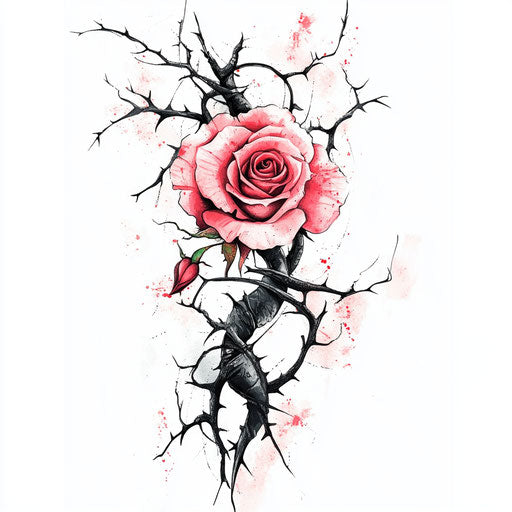 Flat inner bicep tattoo with watercolor rose and thorns