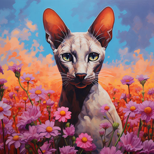 Oriental shorthair cat in a field of flowers