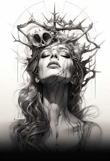 Person in cross with crown of thorns and heart symbol, in the style of photo-realistic drawings, Madonna and child