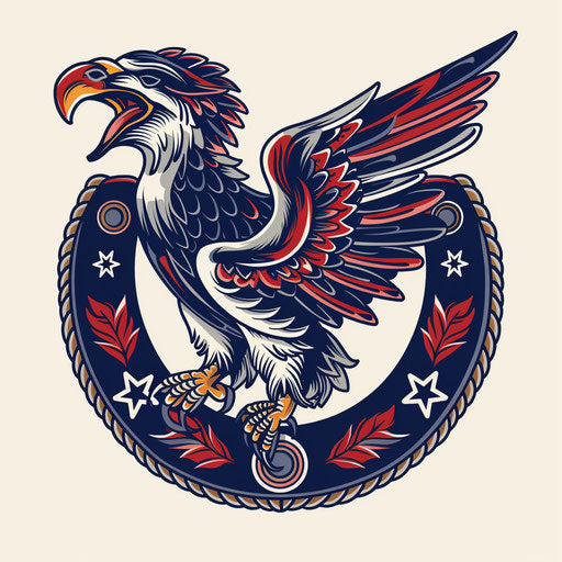 Traditional American clipart style flat tattoo sketch of a horseshoe with bold eagle motifs