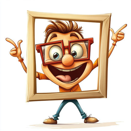 Humorous caricature of a photo frame with exaggerated human characteristics