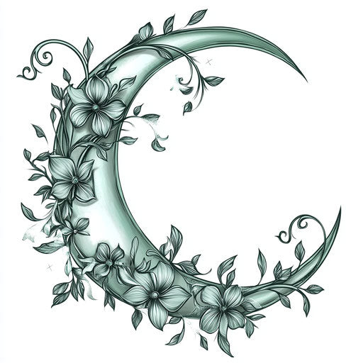 Silver crescent moon and floral vine in a tattoo sketch for women