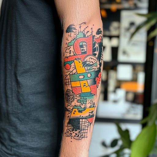 Back of arm tattoo with satirical figure in the style of Steve Sack