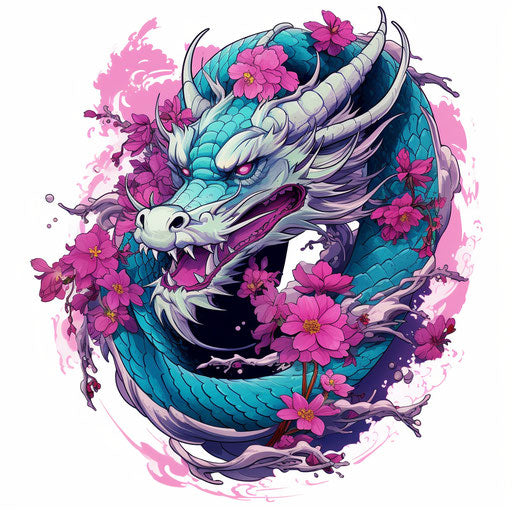 Dragon tattoo with purple and blue, cherry blossoms