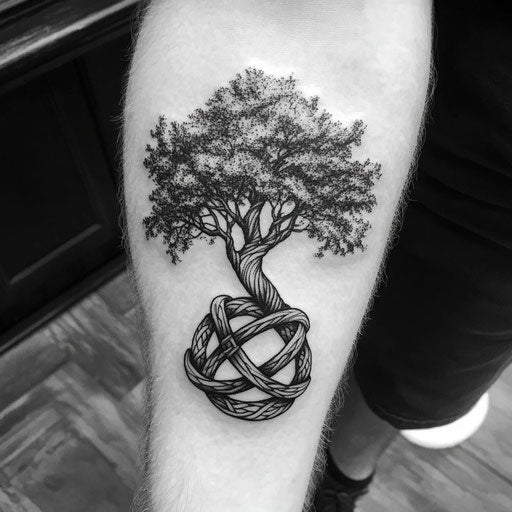 Men's tree tattoos, tree around Celtic knot