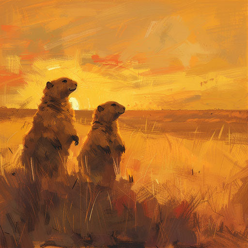 Prairie dogs in a golden grassland at sunset