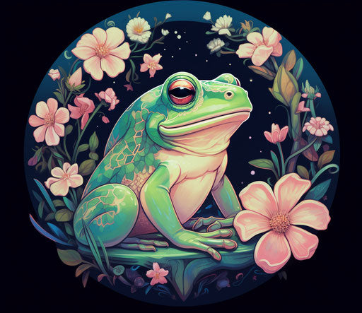 Green frog with flowers, tattoo-inspired, visual harmony