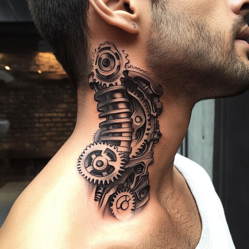Men's throat tattoos with biomechanical design featuring gears