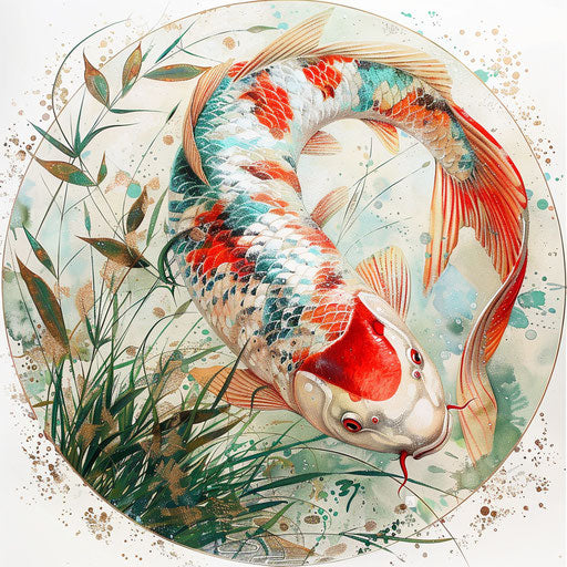 Stylized rose fish on green grass, white background